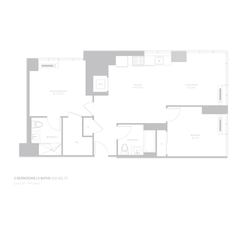 Floor plan for 2 beds, 2 baths, 1021 sqft